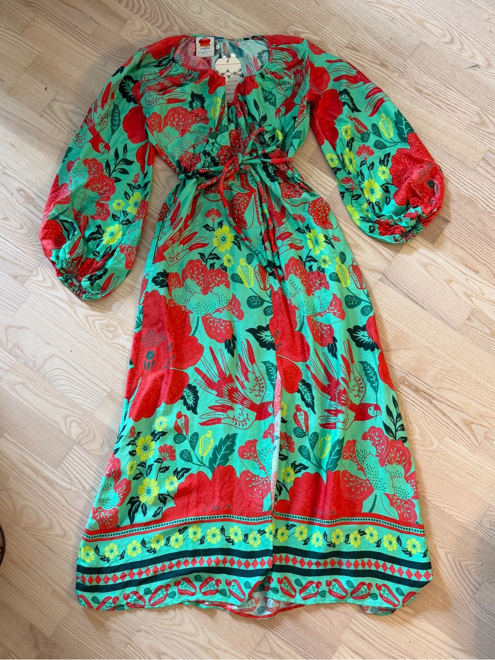 Farm Rio Floral Tie-Waist Maxi Dress in Green and Red Bird of Paradise Print